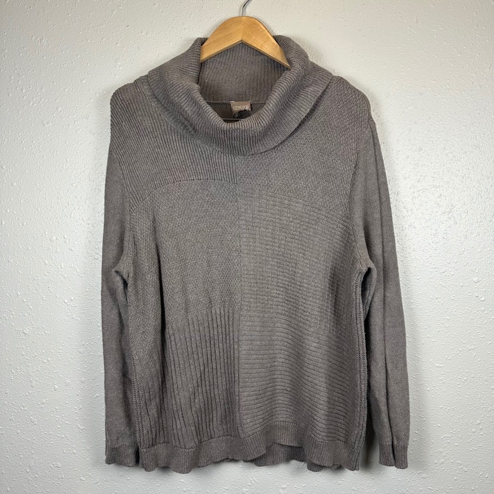 Chicos Womens XL Knit Sweater Cowl Neck Patchwork Texture Gray Casual Layer Boho